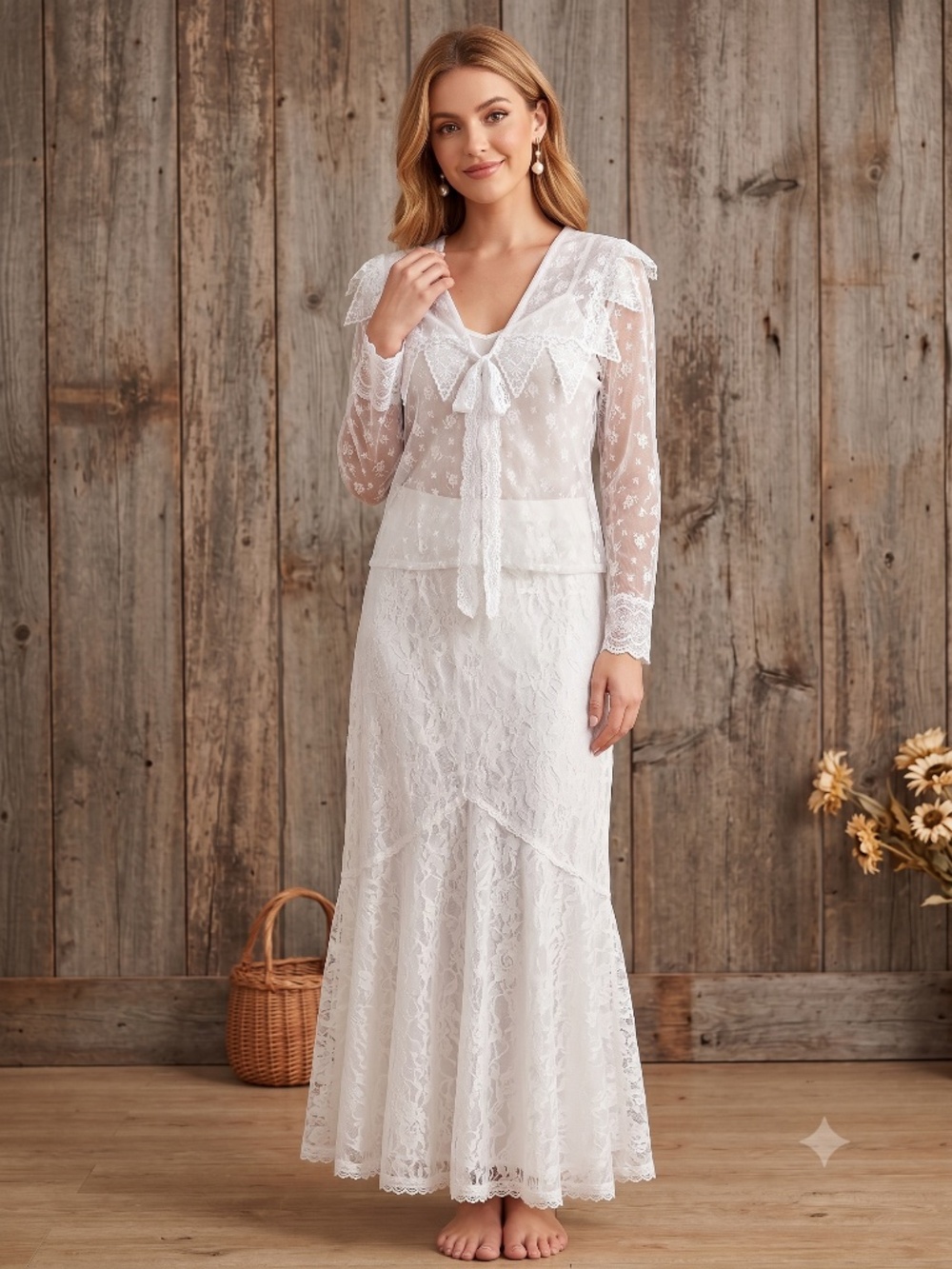 Vintage 1970’s Gunne sax bridal White Lace Two-Piece  Set -  Top & Mermaid Skirt